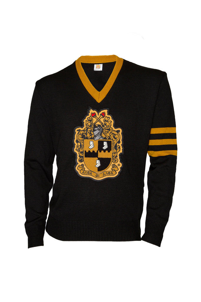 Alpha Black Vneck Sweater with Chenille Crest