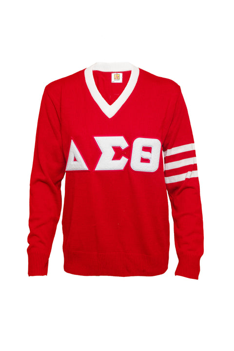 Delta Vneck Sweater with White Chenille Letters