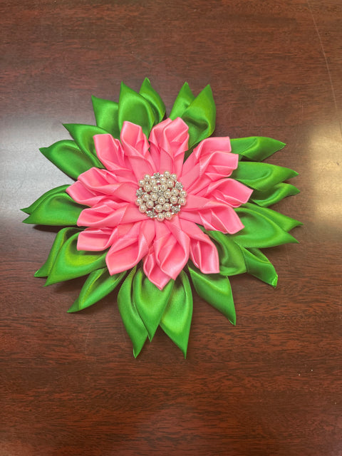 Pink and Green Corsage Flower Pin with Pearls