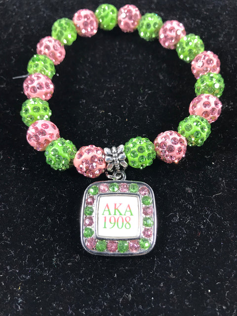 AKA Pink and Green Crystal Sparkle Bracelet with 1908 Square charm