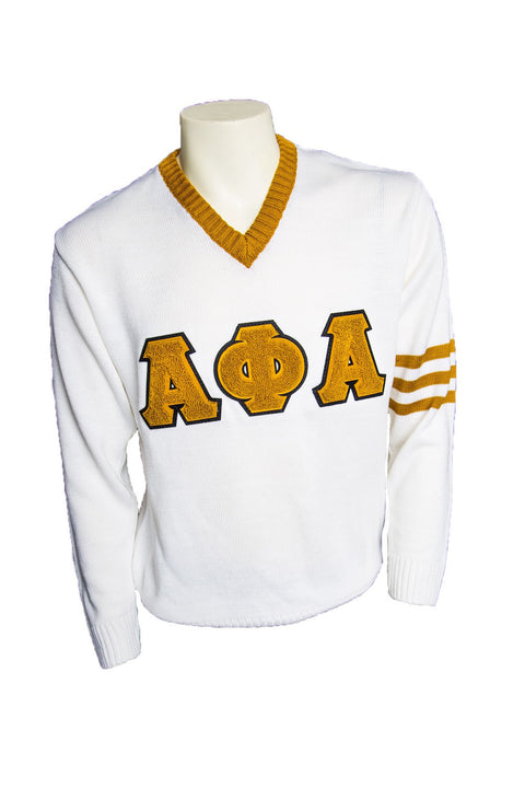 Alpha White V-neck Sweater with Chenille Letters